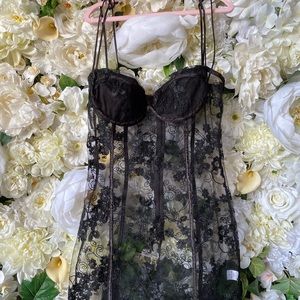 Sheer Black Floral Embroidered Bustier Mini Dress